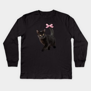 Cat with bow, coquette clothing, 90s Style T-Shirt, Pinterest Aesthetic Clothing, Cat lover Kids Long Sleeve T-Shirt